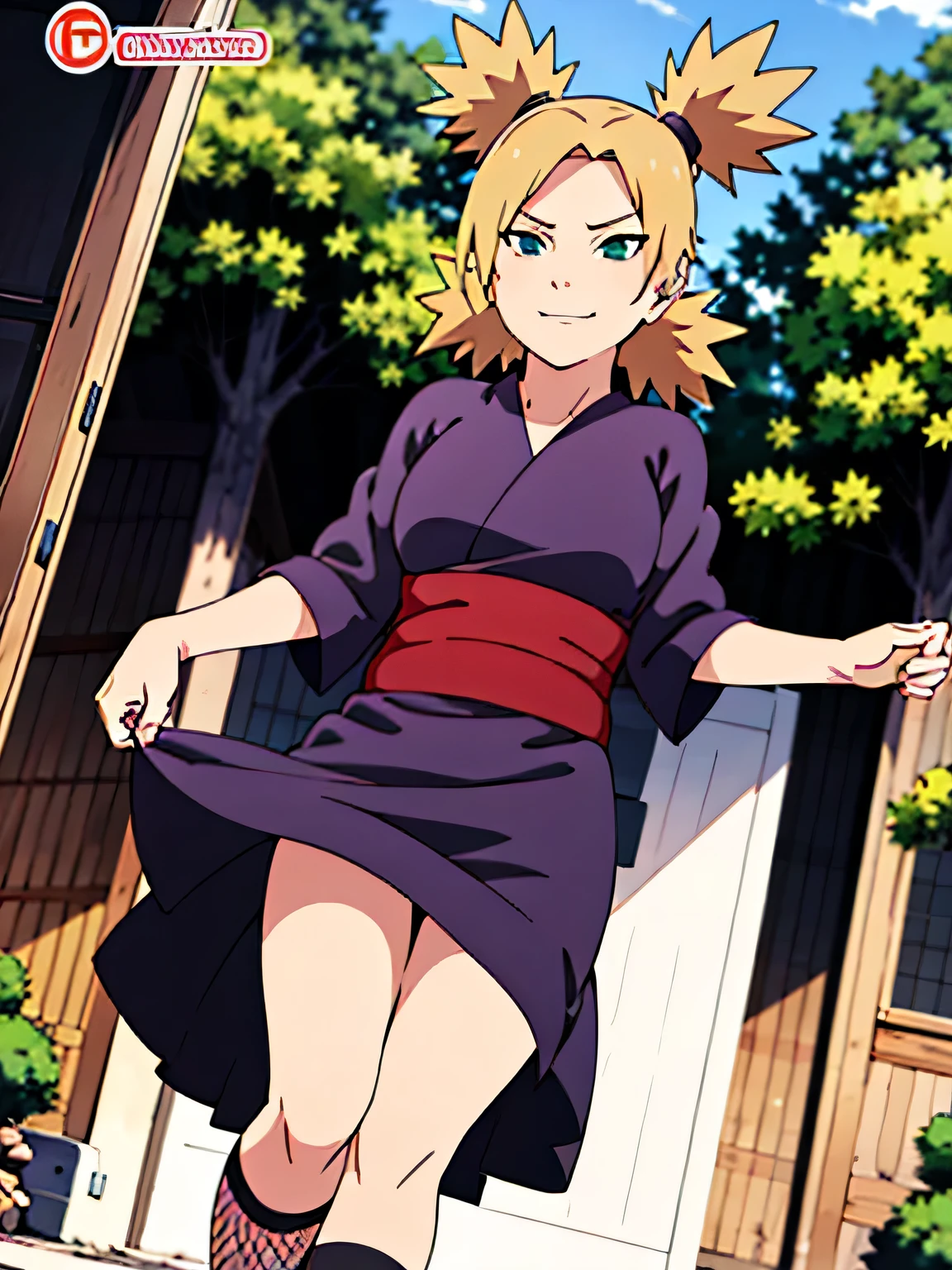 1 girl, ytemari, blonde hair, quad tails, blue eyes, fishnet,black clothes,Black yukata set, sash, line art, laugh, front view, stand,Adjusting the skirt, cool colors, Masterpiece, best quality, high definition,Facing straight ,Spread your legs,In the forest,smile,Condescending glance,Medium boobs,Beautiful nipples,Shirt handle,voluptuous,walk,In the village