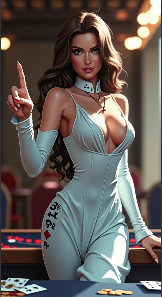 A sultry woman croupier with a seductive smile, dressed in black lingerie. She has a rich brown complexion, exuding confidence and allure. Her long dark hair cascades over her shoulders, and her eyes have a teasing, challenging gaze. She stands behind a casino table, slightly leaning forward with one hand resting on the table. Her other hand is playfully pointing towards the viewer, inviting them to join her at the table. Her expression is a mix of shy playfulness and bold temptation, creating a captivating and mysterious atmosphere, add a card "A Queen card blackjack" in her dress