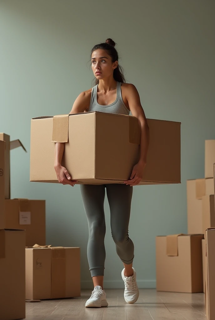 Create me a picture of a woman lifting moving boxes