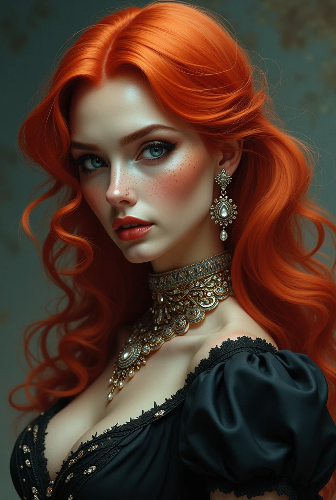 A very beautiful toreador vampire with extremely red hair and blue eyes, she also has freckles, She has noble origins and is very fond of jewelry and always wears high heels., your heel is elegant and chic
