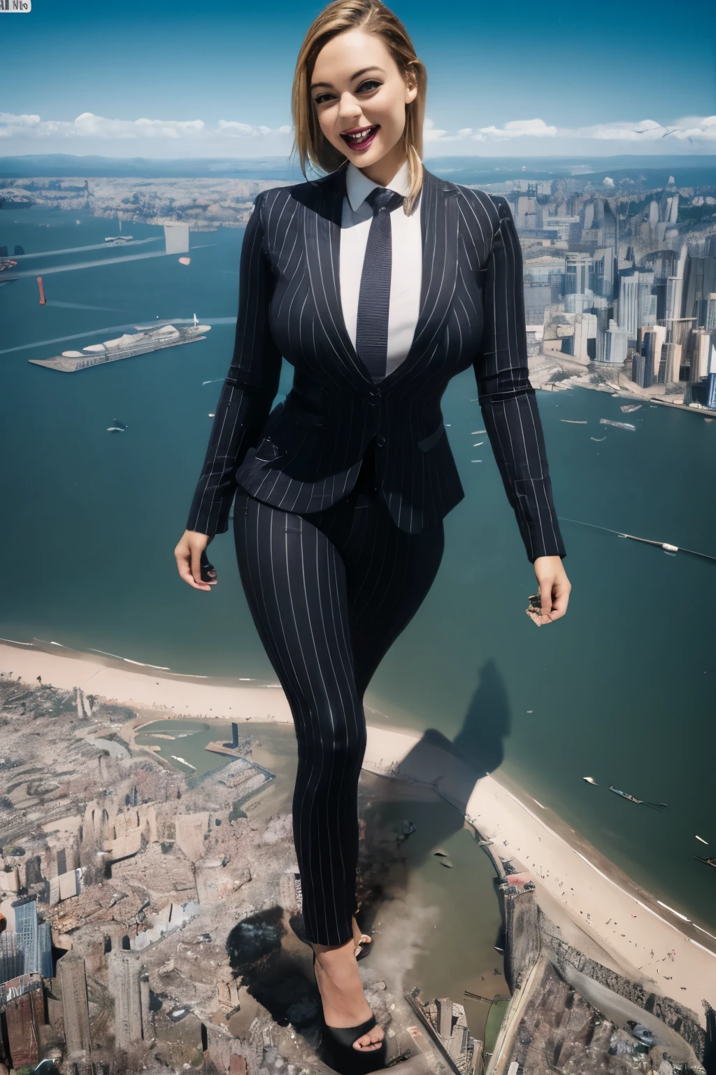 (photorealism:1.2), giant, giantess art, Sky View, giantess, Have a pair of ultra long legs, crushing a with heels skyscraper , a pair of huge breasts, curvy, dark grey pinstriped suit，white tailored shirt, massive red tie, Has ginger waist-length hair，Wearing a pair of platform heels, leaning over tie hanging down, massive tie larger than a skyscraper, A look of enjoyment, Beautiful appearance，very small metropolis, Trying to destroy a miniature metropolis, Full body depiction, nffsw, Giga Giantess, Exquisite makeup，quality, Cinema lighting，film grain，8k，textured skin，Super details，high detail，high quality，high resolution, smile