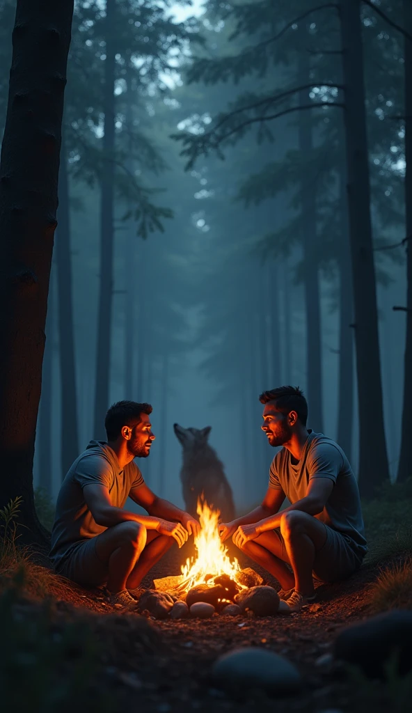 Ronaldo and Messi sitting by the campfire, chatting and relaxing.A dark forest with a distant, eerie wolf howl echoing.