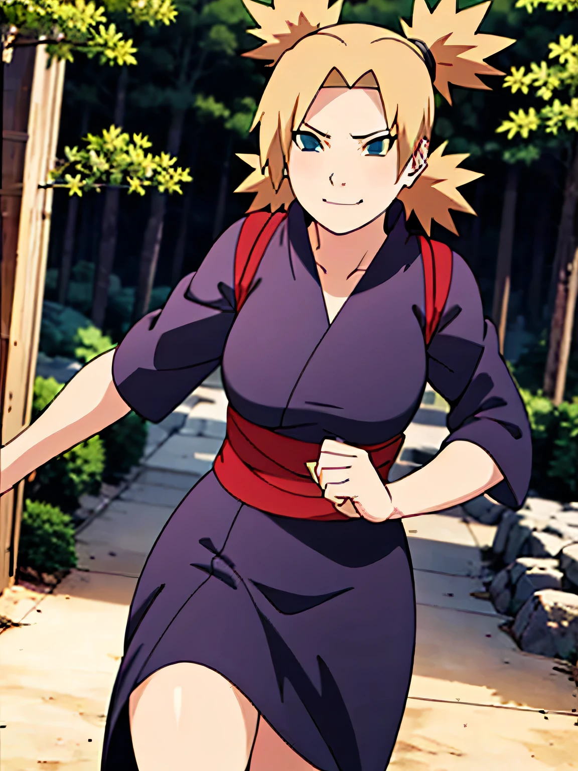 1 girl, ytemari, blonde hair, quad tails, blue eyes, fishnet,black clothes,Black yukata set, sash, line art, laugh, front view, stand,Adjusting the skirt, cool colors, Masterpiece, best quality, high definition,Facing straight ,Spread your legs,In the forest,smile,Condescending glance,Medium boobs,Beautiful nipples,Shirt handle,voluptuous,walk,In the village