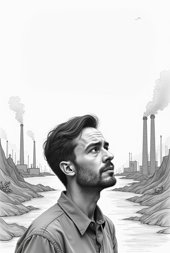 Emotional a man watching all pollution as simple pencil diagram