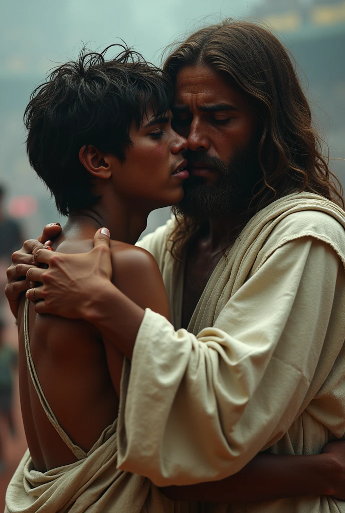 Teenage dark-skinned man , short black hair , Justin Bieber looks crying while hugging Jesus at the finish line of a race 
