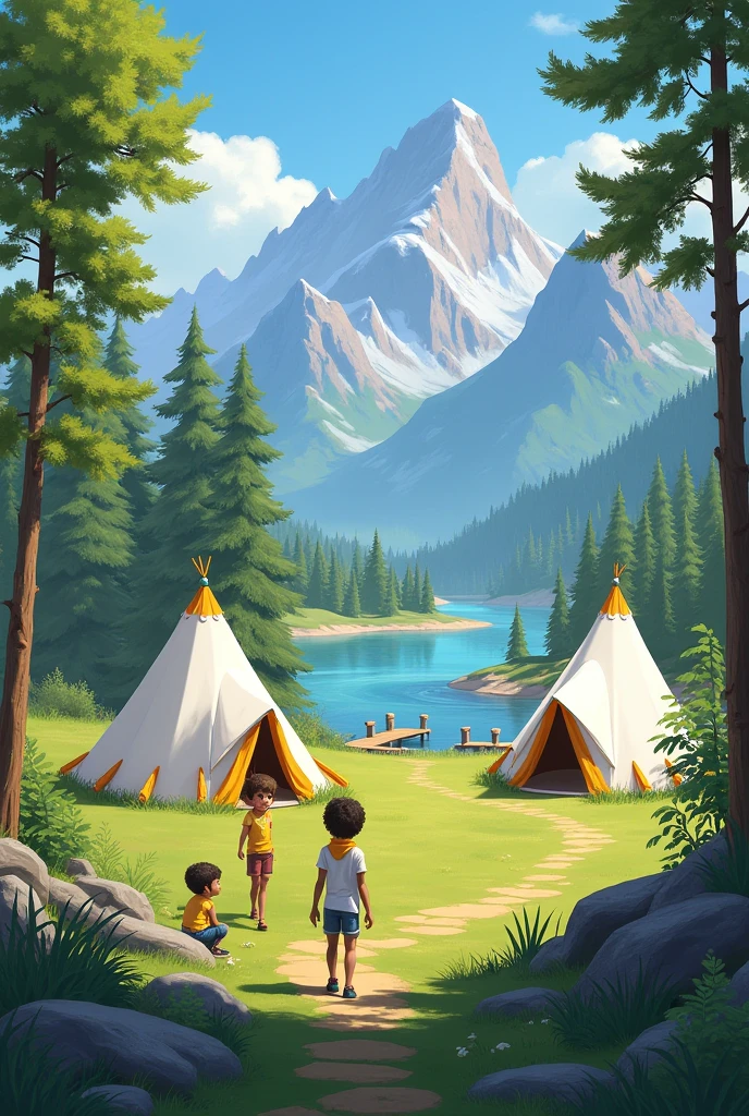 A camp with igloo-type tents in the mountains in a large field where you can see part of the river and with alder trees, willows and docks around, with children with their yellow scarf from the conquistadors club
