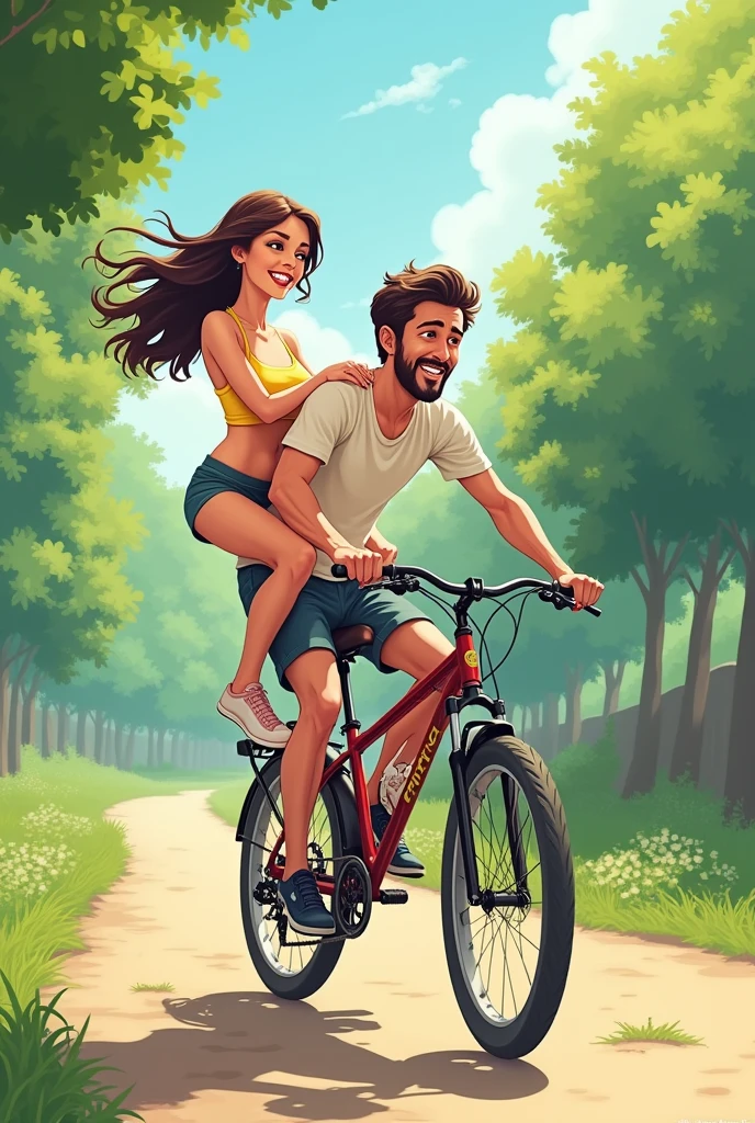 Cycling Fun: The wife is enjoying herself on different parts of the bicycle, with the husband sitting on the handlebars, watching her performance in disbelief.