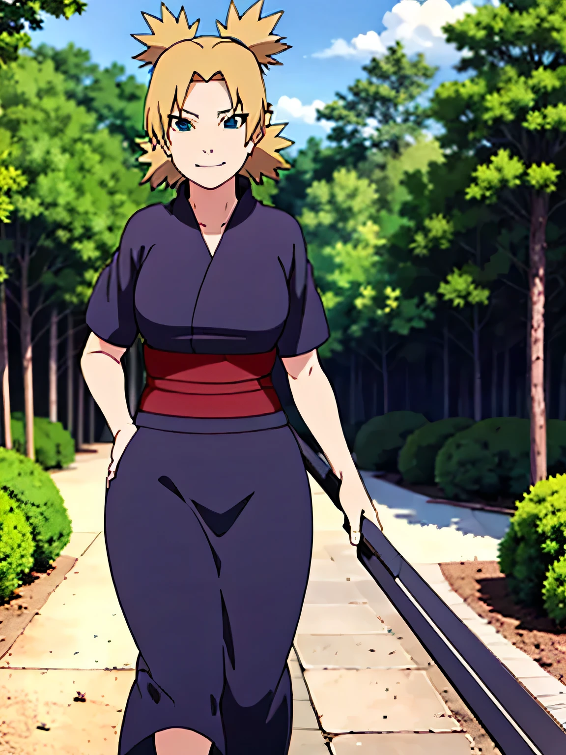 1 girl, ytemari, blonde hair, quad tails, blue eyes, fishnet,black clothes,Black yukata set, sash, line art, laugh, front view, stand,Adjusting the skirt, cool colors, Masterpiece, best quality, high definition,Facing straight ,Spread your legs,In the forest,smile,Condescending glance,Medium boobs,Beautiful nipples,Shirt handle,voluptuous,walk,In the village