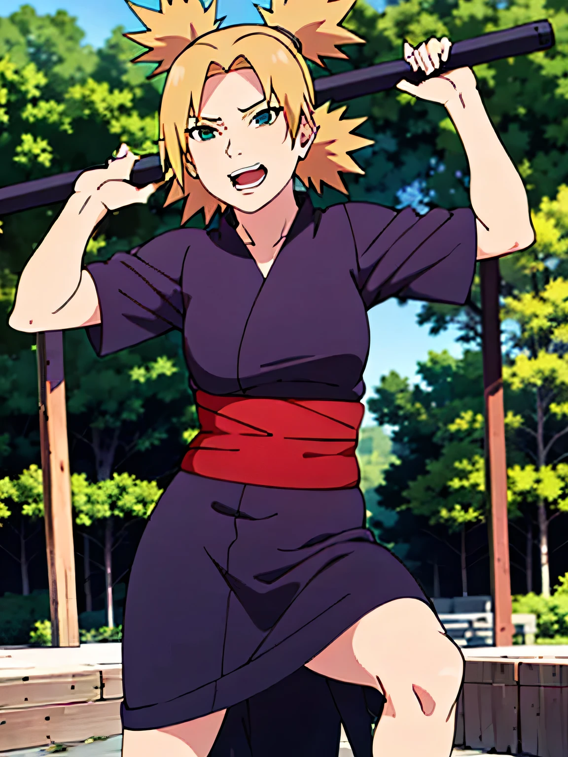 1 girl, ytemari, blonde hair, quad tails, blue eyes, fishnet,black clothes,Black yukata set, sash, line art, laugh, front view, stand,Adjusting the skirt, cool colors, Masterpiece, best quality, high definition,Facing straight ,Spread your legs,In the forest,smile,Condescending glance,Medium boobs,Beautiful nipples,Shirt handle,voluptuous,walk,In the village