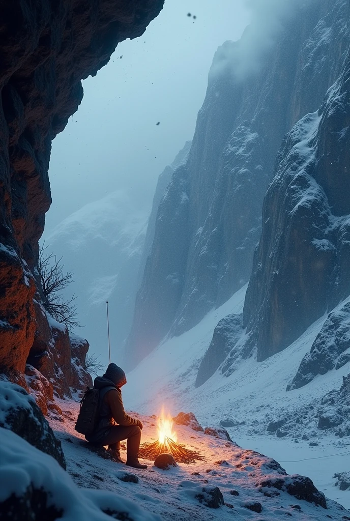 Create an image of a camp that is in a cave on a mountain. The mountain appears to have a climbable path, but this is not possible to see. The blizzard is intense and dark, the only light comes from the campfire