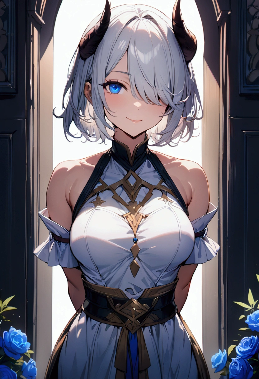 1girl, bethel, blue eyes, bare shoulders, breasts, medium breasts, short hair, white hair, hair over one eye, bangs, gloves, sleeveless, solo, shirt, fingerless gloves, white shirt, sleeveless shirt, arms behind back, off shoulder, horns, smile, (masterpiece), (best quality), (ultra detailed), indoors, simple background, blue flowers, 