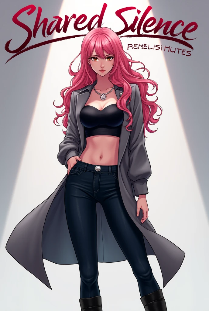 The cover of “Shared Silence” features Lara, the protagonist, striking a dramatic pose against a stark, minimalist backdrop that lets her bold pink hair and striking features take center stage. Lara stands with one leg slightly bent behind her, giving her a bold and confident pose. Her long, curly pink locks cascade down her back, framing her slender neck and shoulders. Her eyes, a deep, smoldering brown, stare directly at the viewer, exuding an air of mystery and intensity. She wears a fitted black crop top that hugs her torso, showing off her flat stomach. The top has a slight V-neck, revealing a hint of cleavage. Over it, Lara sports a long, flowing gray cardigan with a silver lapel pin—a touch of elegance amidst her bold and edgy attire. Her dark jeans are worn skinny, clinging to her legs before tapering at the ankles. Sleek black high-heeled boots add height and an urban edge to her look. A simple, delicate silver necklace with a small crystal pendant rests at the base of her throat. The title “Shared Silence” is emblazoned across the top of the cover in elegant, cursive script, the words curving around Lara’s head like a halo. The font is a sleek, modern sans serif in a shiny metallic gray that echoes the color of her cardigan. Do it anime style