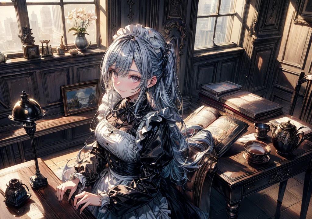 (masterpiece,top quality,high resolution,ultra detailed,ultra high definition,precise,high detail,very detailed,ultra fine illustration,HD,8K:1.5),(a demonic maid with elegant victorian style maid outfit, working as a maid, serving tea:1.3), (detailed face,very detailed background,black rabbit ears, long flowing midnight blue hair, extremely detailed sparkling purple eyes with long eyelashes:1.2), captivating smile, floral themed jewelry, antique victorian style interior, table,chair,window,bookself,lamp,natural lighting, wide angle,from above, looking away,