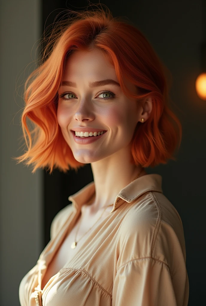 Une femme rousse, au charme irrésistible, se tient avec une aisance élégante devant l'objectif d'un appareil photo. Ses cheveux, d'un rouge éclatant, sont coupés en un carré parfait qui encadre son visage avec une sophistication moderne. Chaque mèche brille sous la lumière, mettant en valeur la profondeur de sa couleur et la texture soignée de sa coiffure.

Elle affiche un sourire radieux et confiant, ses lèvres légèrement retroussées en un sourire qui dégage à la fois chaleur et assurance. Ses yeux, pétillants et pleins de vie, captent la lumière et ajoutent une étincelle de joie et de charme à son expression. Sa tenue, peut-être un vêtement chic mais décontracté, complète parfaitement son look, mettant en valeur sa silhouette avec élégance.

L'environnement autour d'elle peut être simple ou stylisé, mais le point focal reste sa présence magnétique et son sourire captivant. Elle se tient avec une posture détendue mais assurée, prête à capturer un instant parfait. L'ensemble de la scène est baigné d'une lumière douce et flatteuse qui accentue la beauté naturelle de la femme rousse et l'instant précieux qu'elle est en train de vivre.






