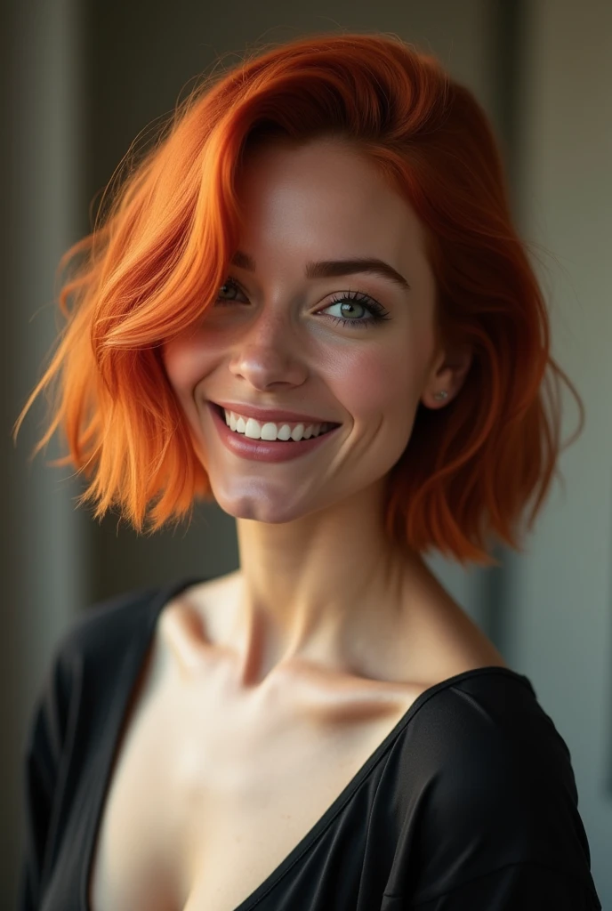 Une femme rousse, au charme irrésistible, se tient avec une aisance élégante devant l'objectif d'un appareil photo. Ses cheveux, d'un rouge éclatant, sont coupés en un carré parfait qui encadre son visage avec une sophistication moderne. Chaque mèche brille sous la lumière, mettant en valeur la profondeur de sa couleur et la texture soignée de sa coiffure.

Elle affiche un sourire radieux et confiant, ses lèvres légèrement retroussées en un sourire qui dégage à la fois chaleur et assurance. Ses yeux, pétillants et pleins de vie, captent la lumière et ajoutent une étincelle de joie et de charme à son expression. Sa tenue, peut-être un vêtement chic mais décontracté, complète parfaitement son look, mettant en valeur sa silhouette avec élégance.

L'environnement autour d'elle peut être simple ou stylisé, mais le point focal reste sa présence magnétique et son sourire captivant. Elle se tient avec une posture détendue mais assurée, prête à capturer un instant parfait. L'ensemble de la scène est baigné d'une lumière douce et flatteuse qui accentue la beauté naturelle de la femme rousse et l'instant précieux qu'elle est en train de vivre.






