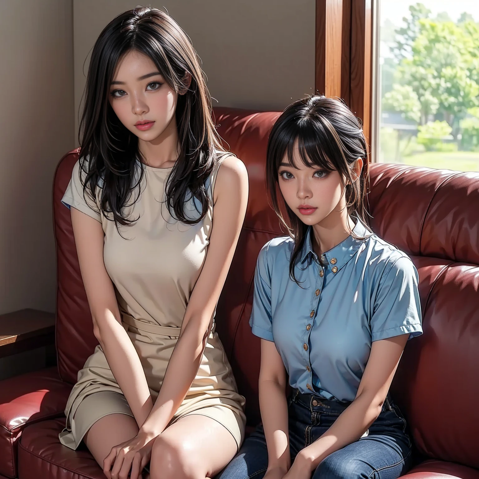 there is a woman and a boy sitting on a couch, with a kid, yanjun chengt, jaeyeon nam, good young girl, young and cute, gorgeous young korean woman, young wan angel, young and cute girl, captured on canon eos r 6, korean artist, gorgeous young model, korean girl, casual pose, attractive pose, ruan jia and brom