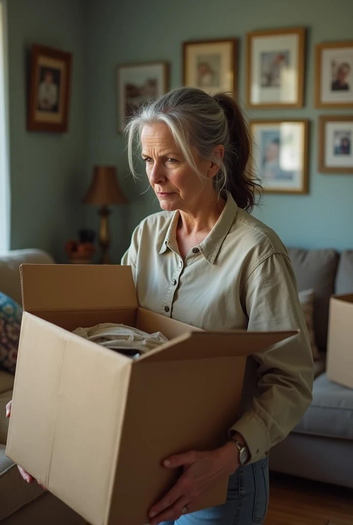 Create me an image of a woman lifting moving boxes leaving home