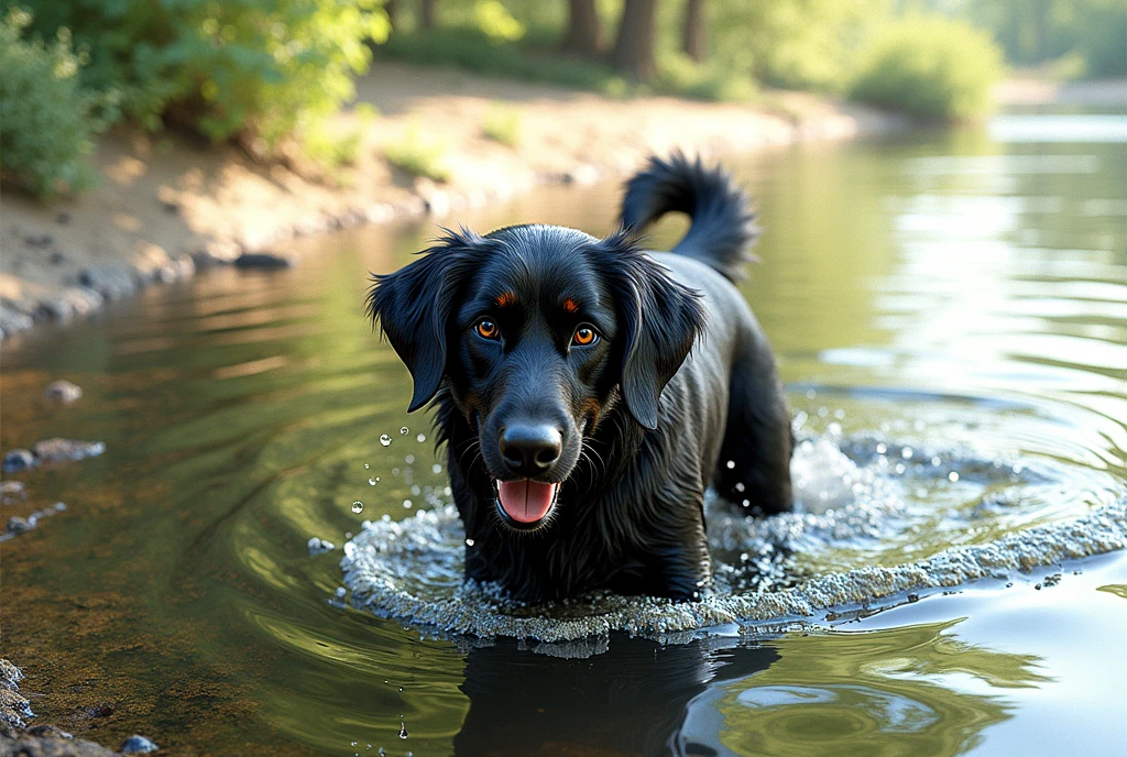 there is a pixar style character black dog that is standing in the water, dog, at the waterside, black dog, a handsome, in a pond, in the water, a dog, river in front of him, the photo shows a large, bear, labrador, menacing!, playing with the water, emerging from the water, wet fur, handsome, nice face