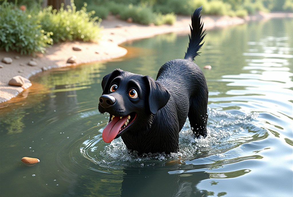 there is a pixar style character black dog that is standing in the water, dog, at the waterside, black dog, a handsome, in a pond, in the water, a dog, river in front of him, the photo shows a large, bear, labrador, menacing!, playing with the water, emerging from the water, wet fur, handsome, nice face
