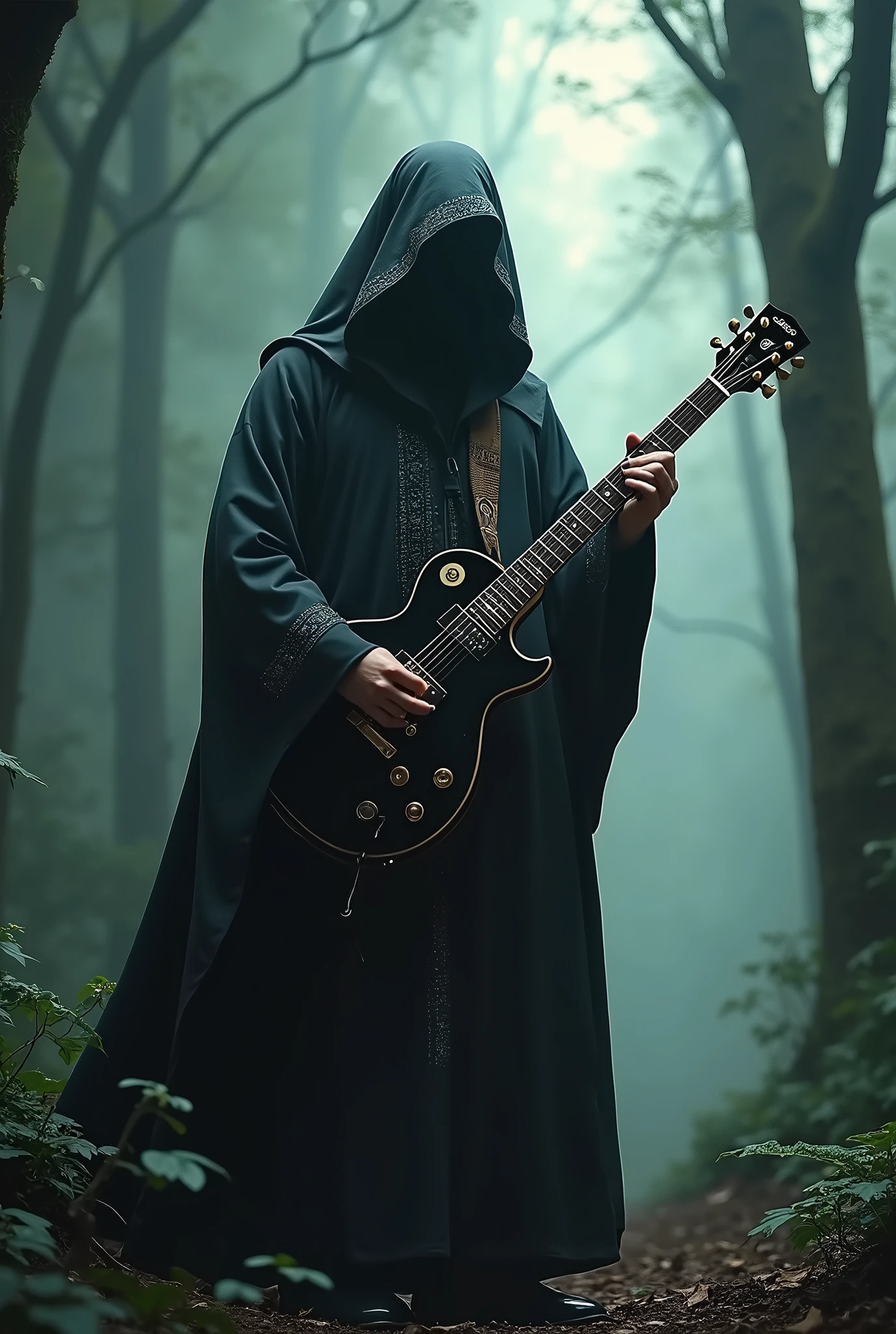 guitarist with les paul guitar with hood and monk's robe in full body in mystical forest
