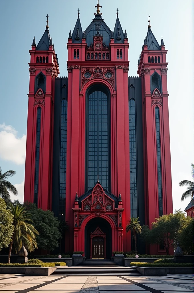 A big and beautiful building red and black colour