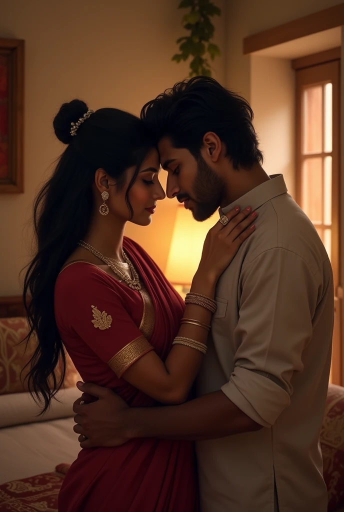 Create a image of a 2 indian couple in a room hugging each other girl have long black silky hair in bun 