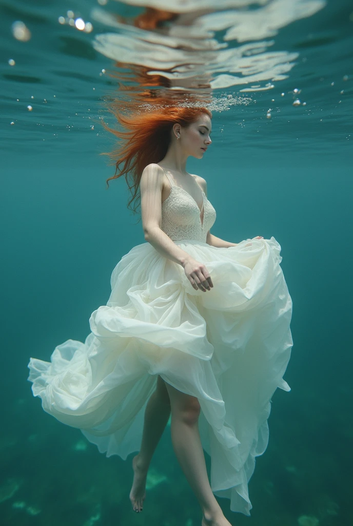 There is a russian woman in a white dress floating in the water, floating underwater, floating drowned, floating in water, female floating, underwaterphotograph, Portrait of a woman underwater, she is floating in the air, dramatic floating pose, floating in perfume, underwater photo, elegant floating pose, underwaterphotograph, floating underwater in a lake, submerged in water,skin texture,8K,large breasts,redhead,irish fair skin.