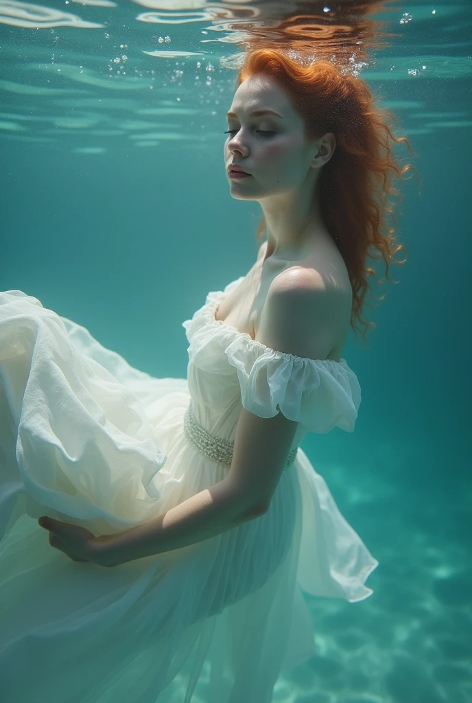 There is a russian woman in a white dress floating in the water, floating underwater, floating drowned, floating in water, female floating, underwaterphotograph, Portrait of a woman underwater, she is floating in the air, dramatic floating pose, floating in perfume, underwater photo, elegant floating pose, underwaterphotograph, floating underwater in a lake, submerged in water,skin texture,8K,large breasts,redhead,irish fair skin.