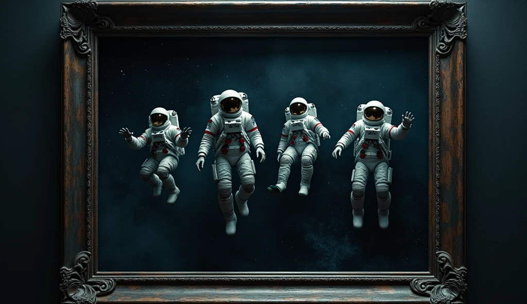 a dark picture frame consisting of many astronauts floating