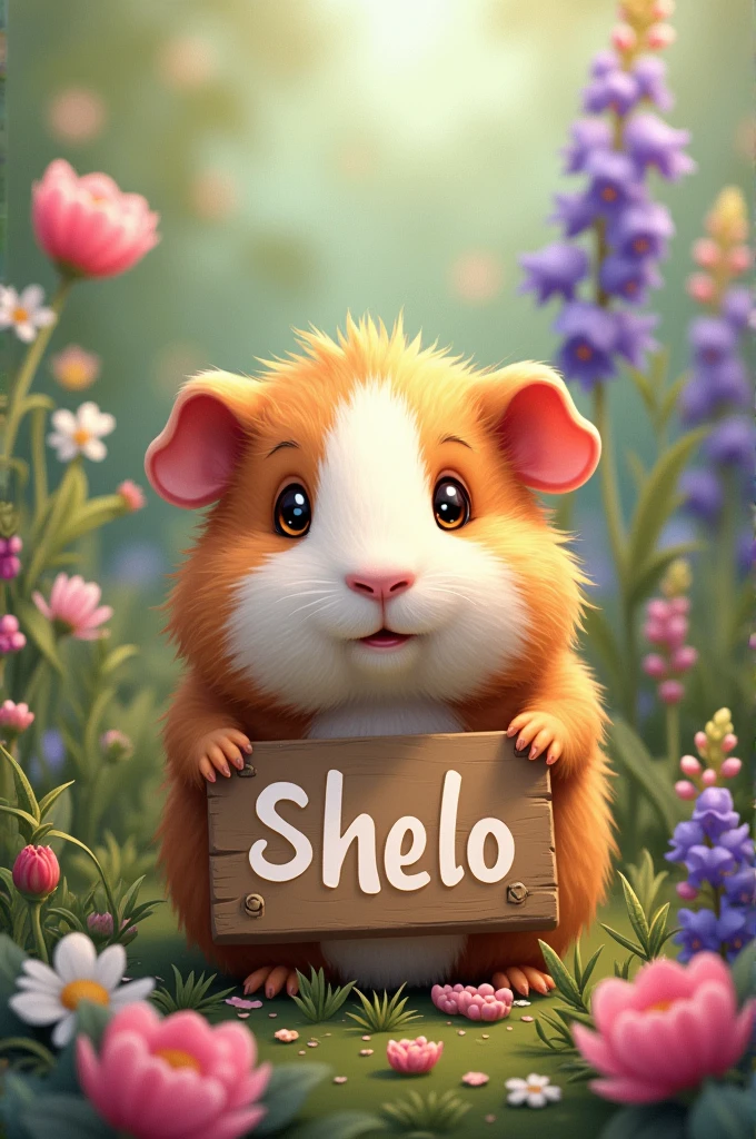 A small guinea pig with a sign that says Shelo BB, surrounded by flowers and herbs
