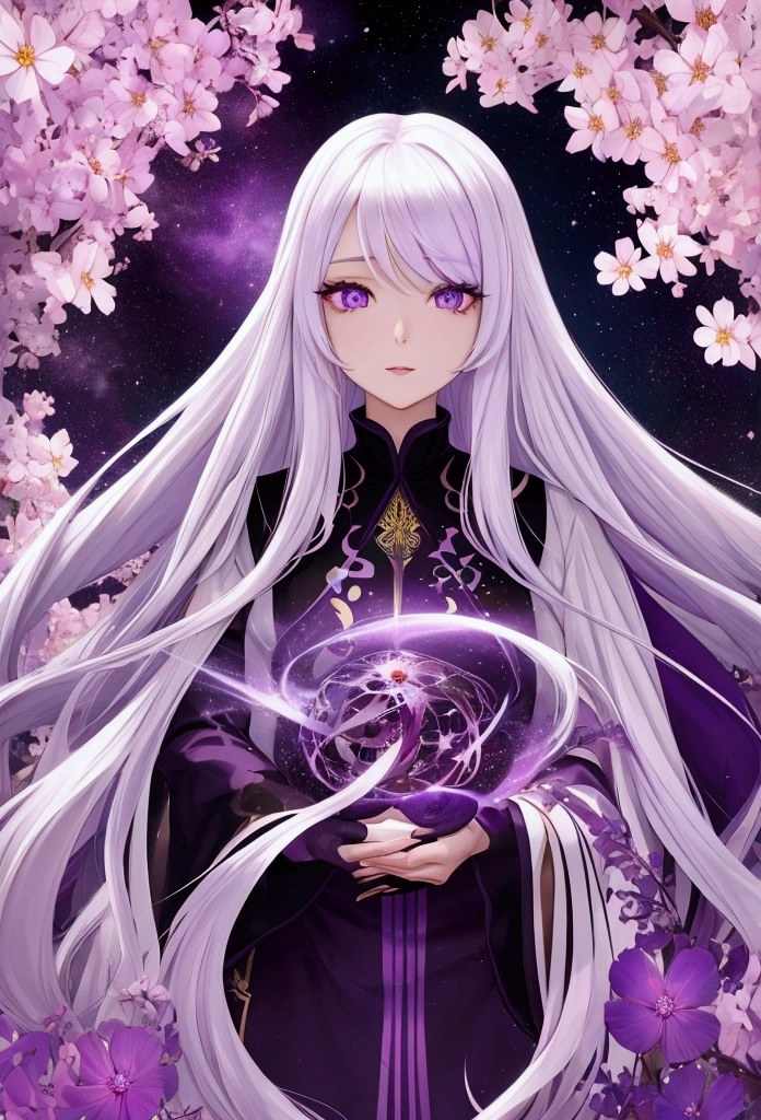 long white hair, purple eyes, woman 1, Cosmos,