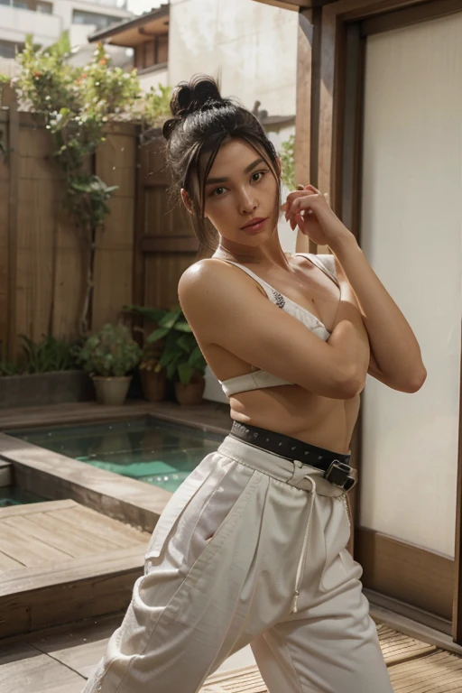 1 girl, solo, looking at viewer, black hair, hair ornament, brown eyes, outdoors, hair bun, lips, realistic, white pants, nose, tatami, sliding doors, martial arts belt, bath