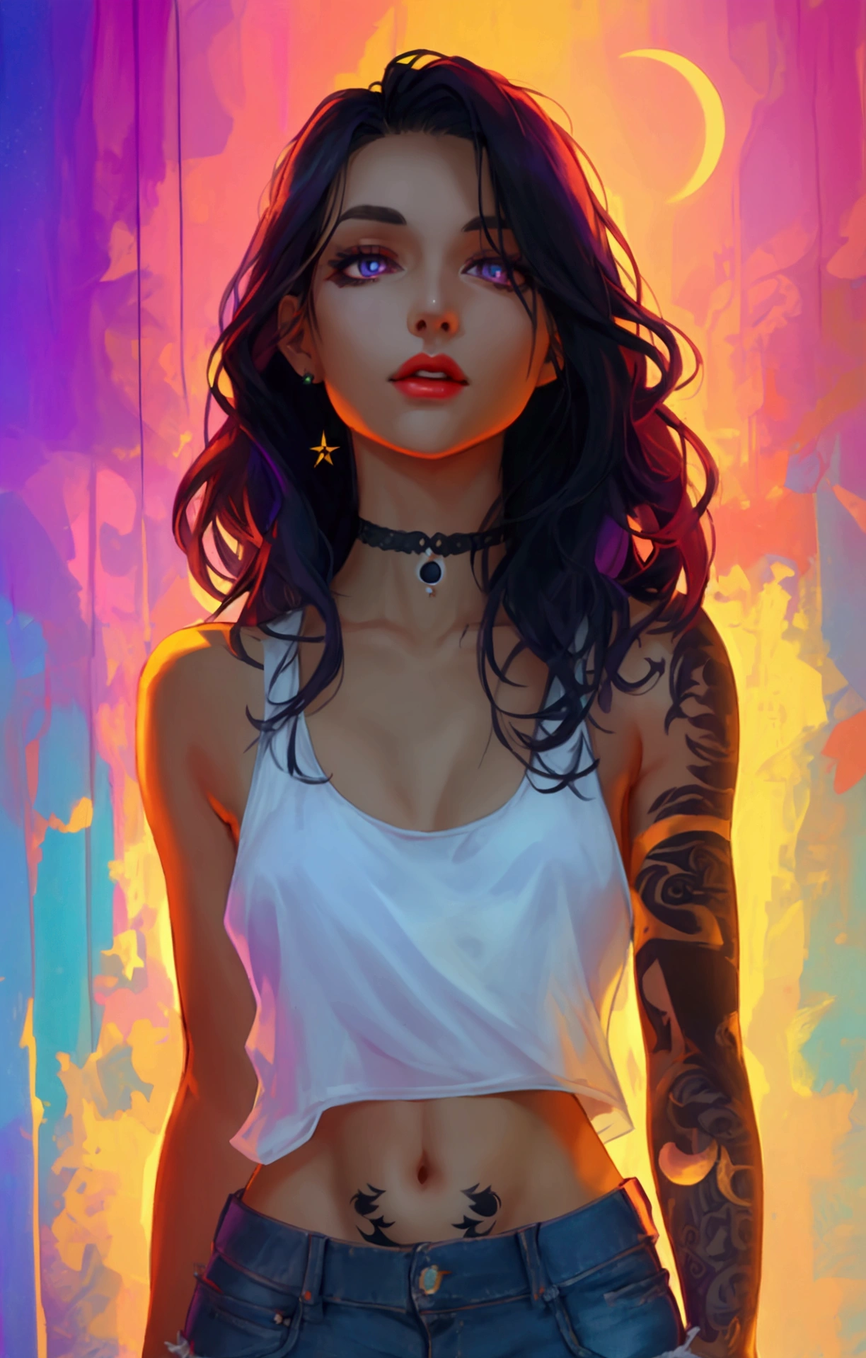 A twenty-sonething Norwegian woman, pale skin, chest-length silky raven hair, blue-purple eyes, full lips, an hourglass body, and a forearm tattoo of a full moon with two crescent moon on either sides. Wearing a white tank top and denim shorts.