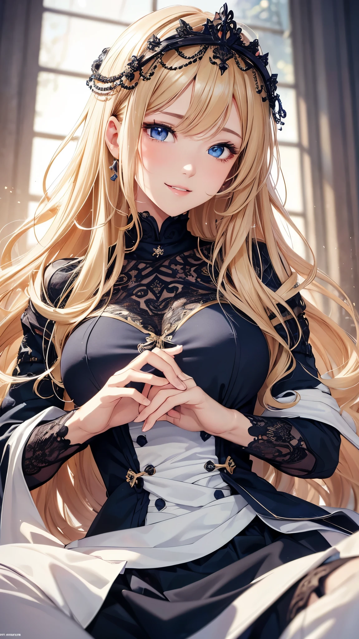 masterpiece、Highest quality、High resolution、High-quality images、8k, 1 female、Skin Radiance、Texture of skin and clothing、Expression of fine eyes、realism, detailed manga style, Manga art style, Perfect line drawing, Beautiful line art, digital manga art girl, Fuller lips, Gorgeous face with attention to detail, (smile), charm, Innocent, Side view, (Perfectly detailed face), (Beautiful Hands) Photorealistic images, Written boundary depth,evening、Adult female、Long Hair、Wavy Hair、Blonde、Bright Blue Eyes、Curly Hair、Big Breasts、Circlet、Black clothes