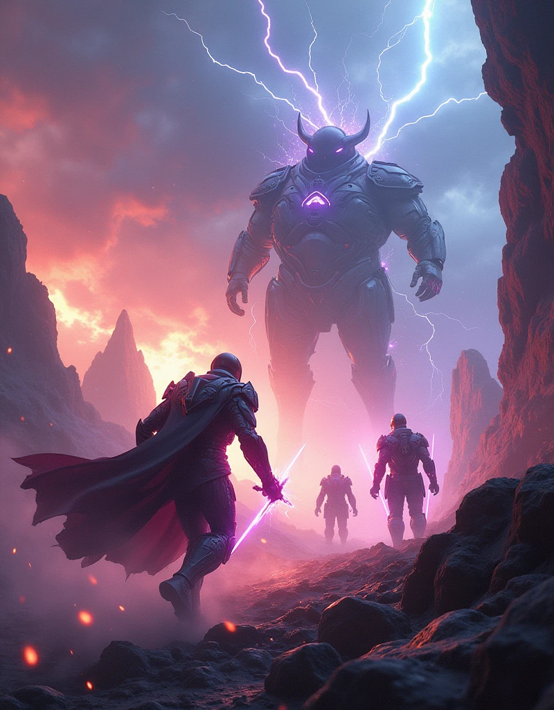 "Epic battle scene on Nova Aeterna, featuring high-tech warriors in glowing armor clashing with shadowy, otherworldly creatures. The landscape is surreal, with floating rocks, electric storms, and vibrant, multicolored skies. The scene is captured in 4k resolution with motion blur, dynamic lighting, and particle effects to enhance the intensity and drama of the battle."