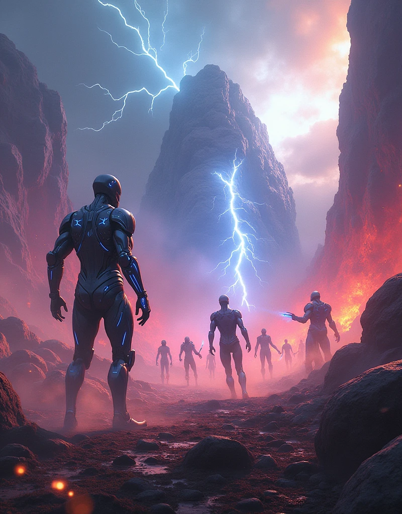 "Epic battle scene on Nova Aeterna, featuring high-tech warriors in glowing armor clashing with shadowy, otherworldly creatures. The landscape is surreal, with floating rocks, electric storms, and vibrant, multicolored skies. The scene is captured in 4k resolution with motion blur, dynamic lighting, and particle effects to enhance the intensity and drama of the battle."