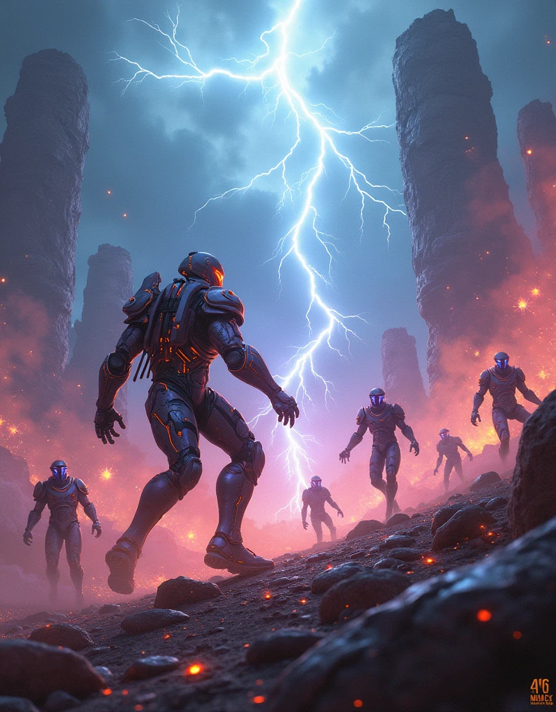 "Epic battle scene on Nova Aeterna, featuring high-tech warriors in glowing armor clashing with shadowy, otherworldly creatures. The landscape is surreal, with floating rocks, electric storms, and vibrant, multicolored skies. The scene is captured in 4k resolution with motion blur, dynamic lighting, and particle effects to enhance the intensity and drama of the battle."