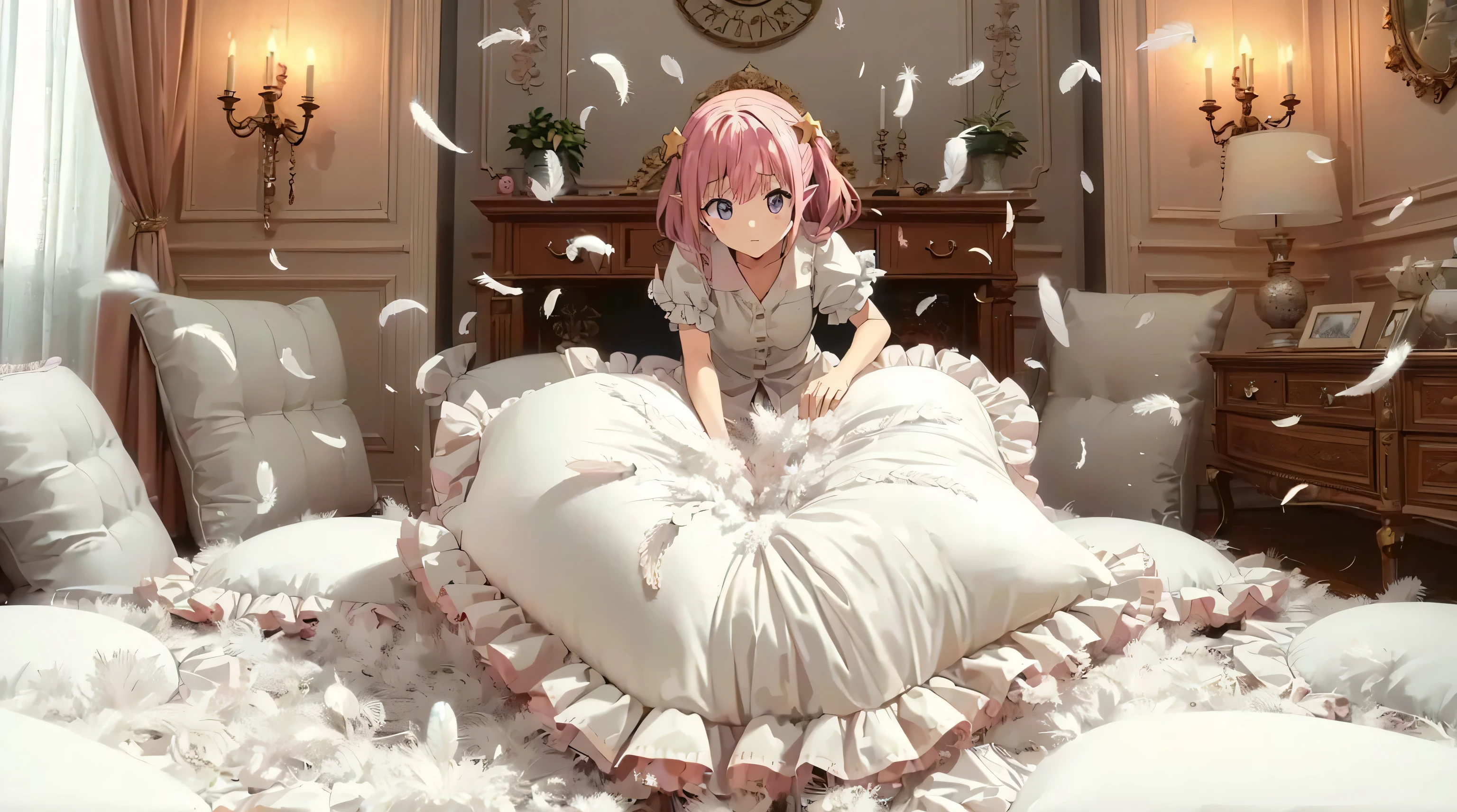 (best quality， masterpiece) , details, (Light and shadow oxtail) , Cute girl posing on pillow ，Pillow, Upholstered，Soft pillow，（Pillow），The love surrounding the protagonist，steam，(Luxury Pillow），（Gorgeous pattern pillow），luxurious pillow, standing,（Love around the protagonist），（pillow）, long hair, frilled pillow , ((pink pillow))  , 1 pillow, standing on a top of pillow, on pillow, big pillow, fluffy pillow, pillow damage, stomping pillow, stonping, pillow on floor, stepping on pillow, posing on top pillow, full body, pillow on floor, (((pink hair))), hatsune (princess connect), (((feathers))), pillow destroy, ripping pillow, tearing pillow in half, feathers everywhere, cotton, stuffing pillow, purple eyes, hair rings, star hair ornament, pointy ears, pink polkadot pillow