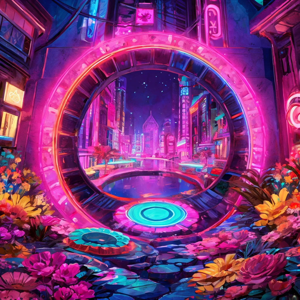 A circular portal with neon lighting surrounded by lush and colorful corals