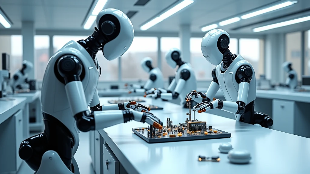 : A futuristic laboratory with AI-powered robotic arms assembling advanced technology on a sleek, sterile workbench. 8k