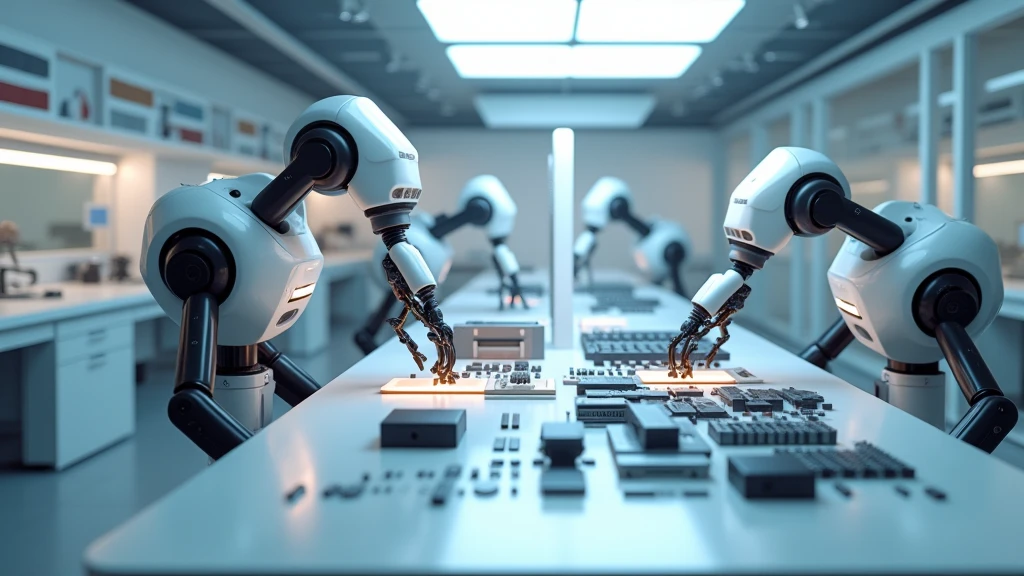: A futuristic laboratory with AI-powered robotic arms assembling advanced technology on a sleek, sterile workbench. 8k  