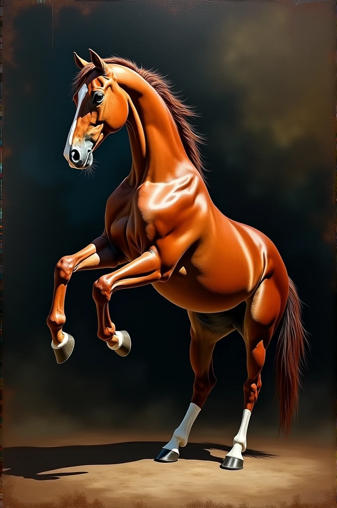 Brown Paso Fino horse on two legs in acrylic painting with dark background