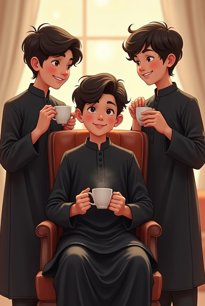 middle boy is sitting on a chair and two boys are standing. Everyone should have a cup of tea in their hands. All should wear black shalwar kameez. Have smiling faces and see in front 