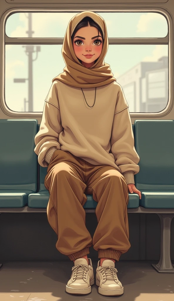Drawing drawing of a tall age girl with beige hijab on beautiful young girl, supermodel face of girl, as if she is in a classical Disney cartoon, toon face, realistic anatomy, beige baggy sweatshirt, brown oversized baggy cargo pants, full body view, sitting on a train seat