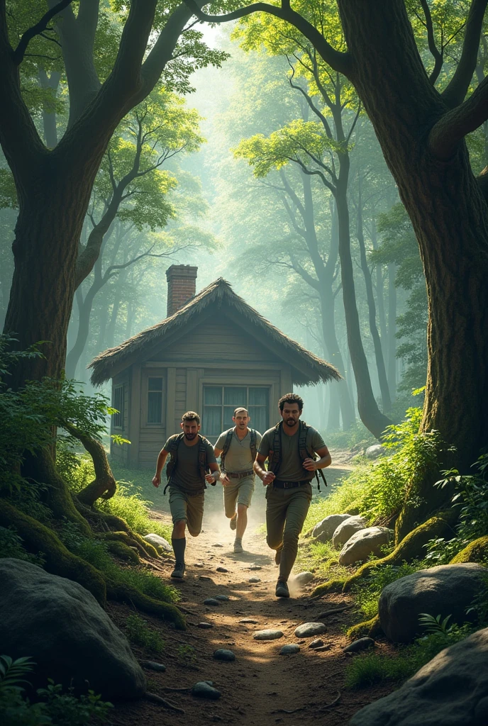 3 men running towards cabins in the middle of the forest