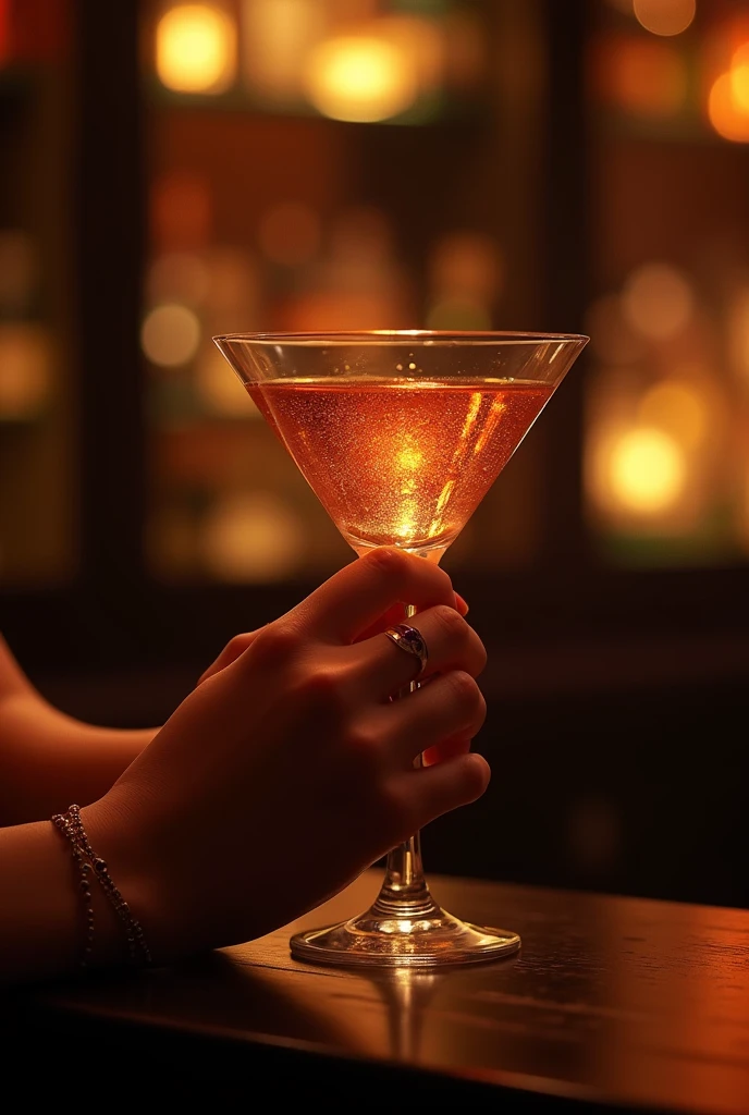 Hands of a woman drinking a cocktail in a bar