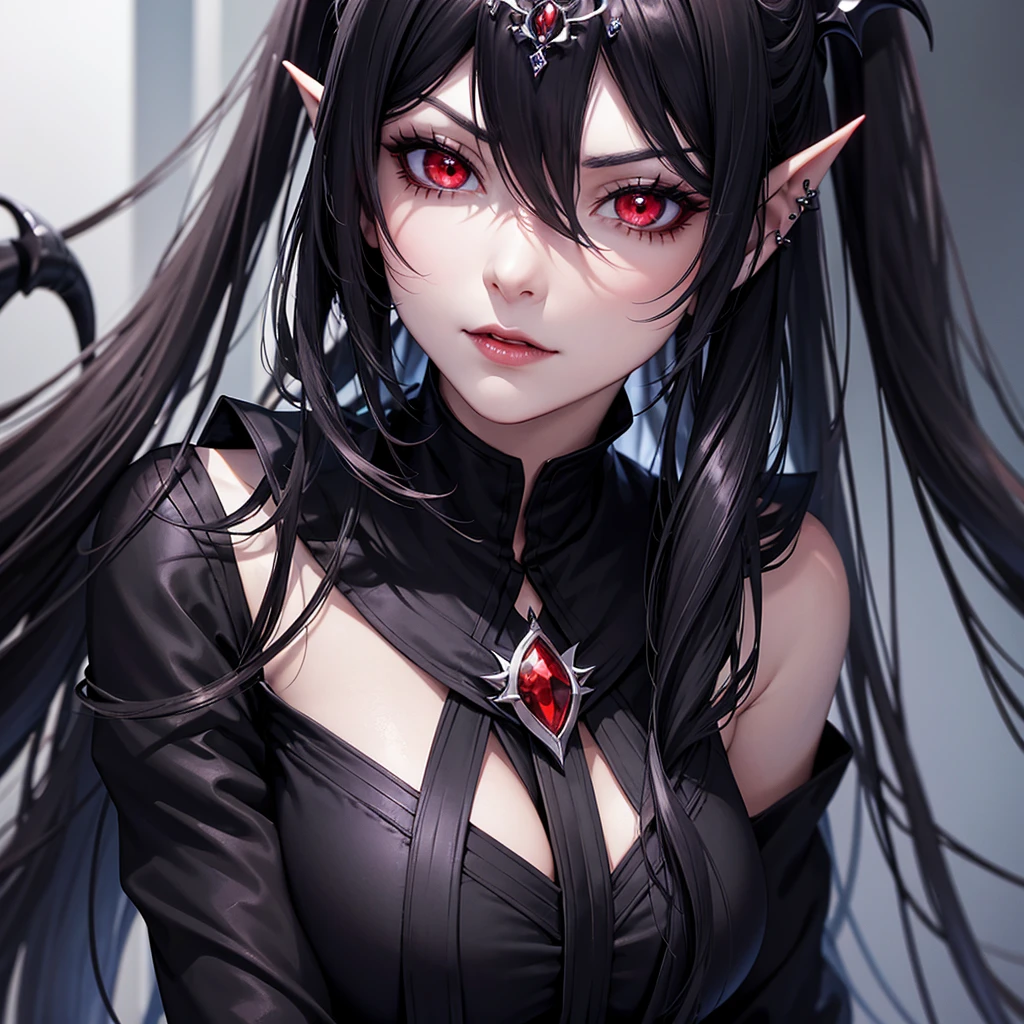 a close up of a woman with dark and a black top, gothic maiden anime girl, anime in fantasy style, 1 anime goth girl, stunning anime face portrait, with long hair and piercing eyes, portrait knights of zodiac girl, detailed portrait of anime girl, crimson red eyes, female anime character, beautiful alluring anime woman, High Resolution, pointy ears, vampire, vampire crownClosed Mouth, Makeup, Smirk, dark, dark atmosphere,Hair Ornament, Jewelry, Crown, Tiara, X Hair Ornament, Horns, Demon Horns, Looking at viewer,