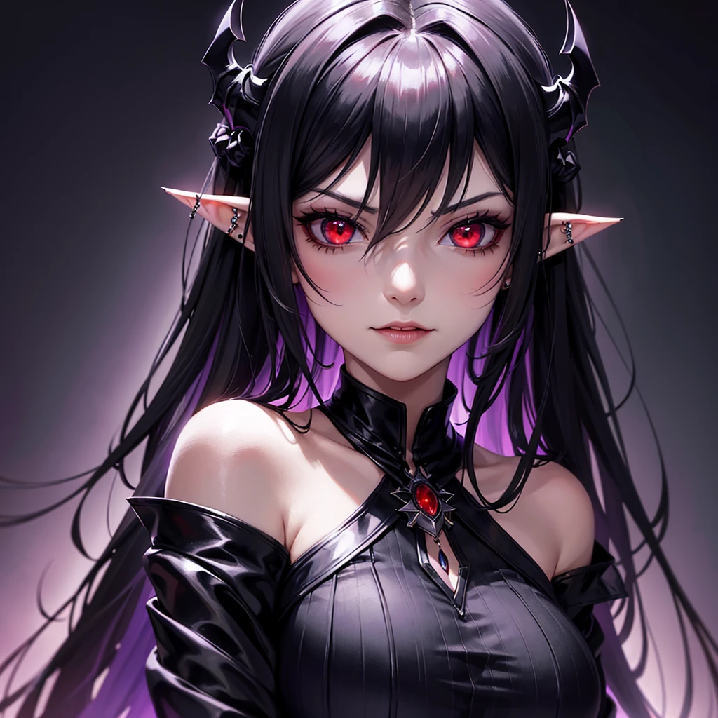 a close up of a woman with dark and a black top, gothic maiden anime girl, anime in fantasy style, 1  anime goth girl, stunning anime face portrait, with long hair and piercing eyes, portrait knights of zodiac girl, detailed portrait of anime girl, crimson red eyes, female anime character, beautiful alluring anime woman, High Resolution, pointy ears, vampire, vampire crownClosed Mouth, Makeup, Smirk, dark, dark atmosphere,Hair Ornament, Jewelry, Crown, Tiara, X Hair Ornament, 