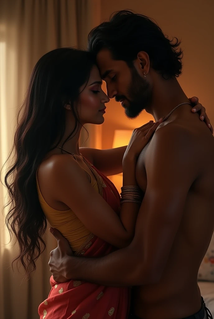 Create a image of a 2 indian couple in a room hugging each other girl have long black silky hair