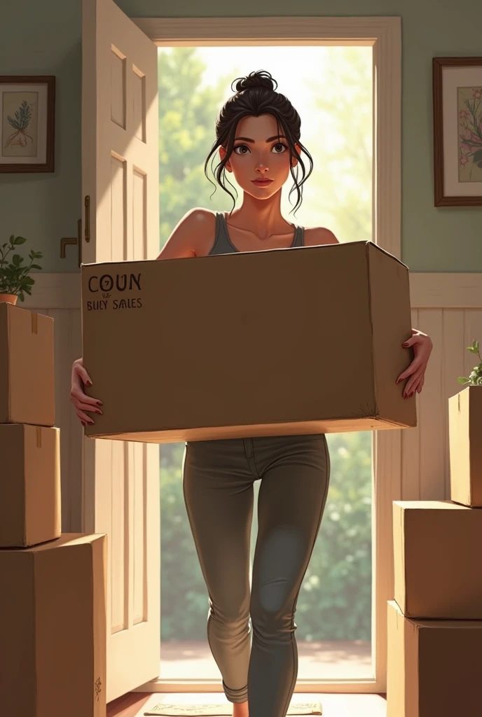 Create me a picture of a young woman lifting moving boxes leaving home
